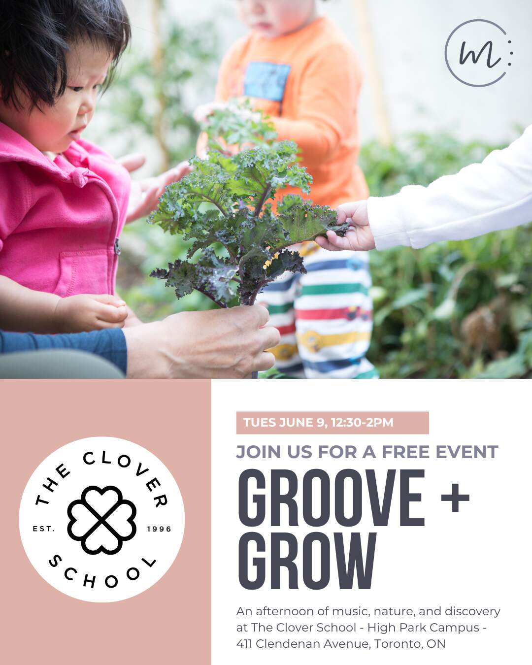 Join us for our Groove and Garden event at the Clover School!  Tues June 9th, 12:30-2pm